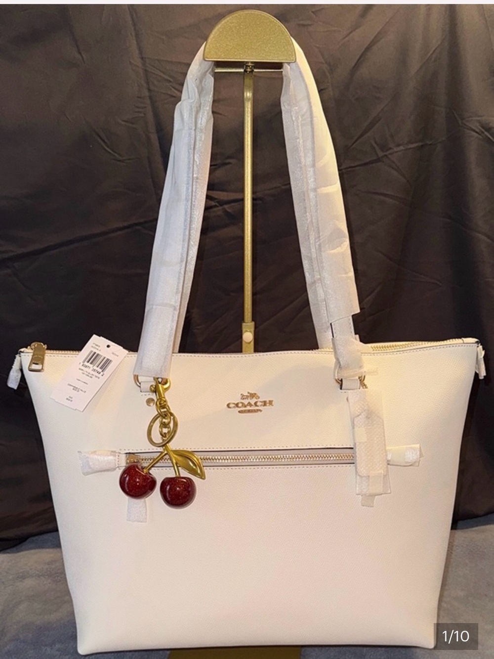 Coach White Leather Tote with Cherry Charm